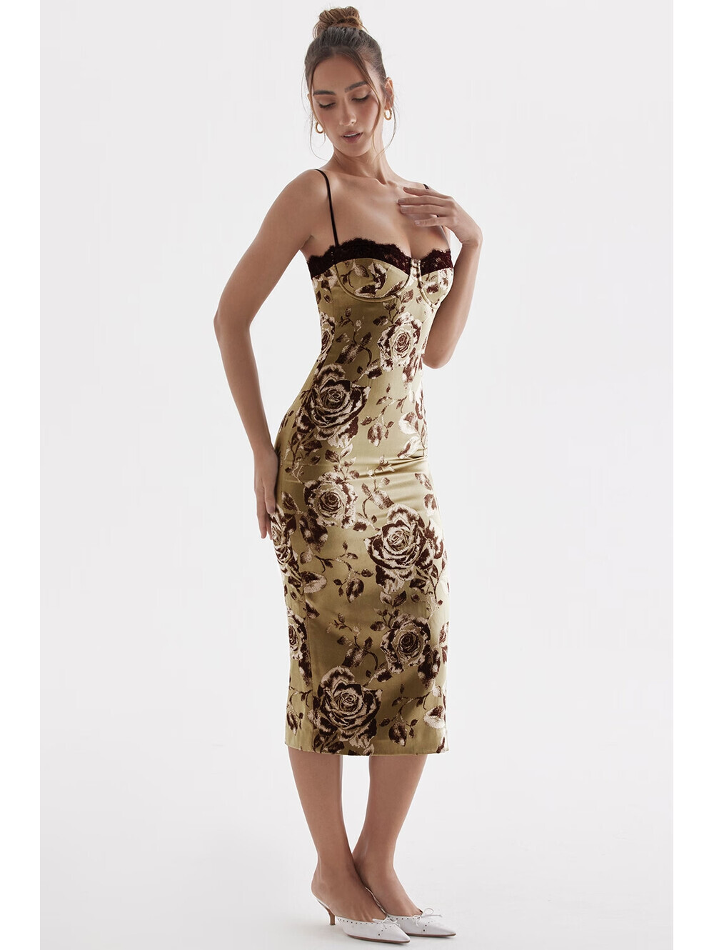 NEW, House of CB Floral Print Midi Dress in Green/brown SZ L #MD2364 - Picture 4 of 11
